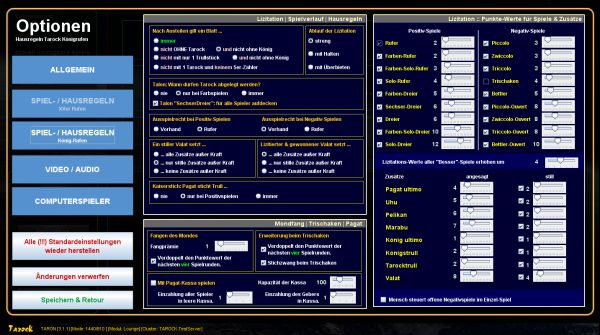 Die Optionen für das Spielgeschehen in Tarock